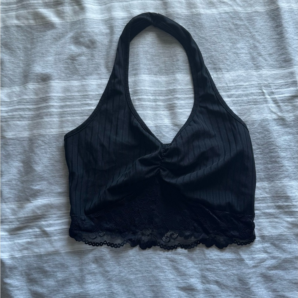 Black Lace Trim Halter Bralette